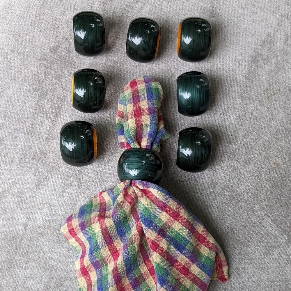 Vintage Wooden Lacquered Napkin Rings Set 8 Evergreen Striped Made In India EUC